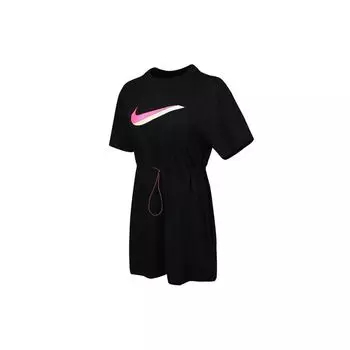 Nike 3D-принт логотипа с завязками на талии, спортивное повседневное платье с коротким рукавом, женское платье черного цвета DJ1072-010 M