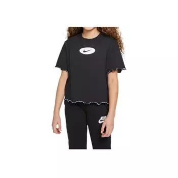 Nike Футболка Dri-FIT с цветными блоками, логотипом и оборкой по низу, с круглым вырезом и короткими рукавами, детские топы, черная DQ4392-010 XS