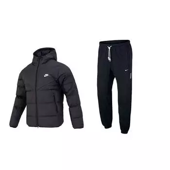 Nike Однотонный пуховик с капюшоном и длинными рукавами, брюки на шнурке, повседневный спортивный костюм, мужской костюм, черный FB8178-010+CK6366-010 L