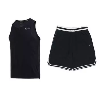 Nike Однотонный свитер с круглым вырезом и коротким рукавом в полоску, свободные шорты, повседневный спортивный костюм, мужской костюм, черный цвет DV9322-010+DH7161-010 M