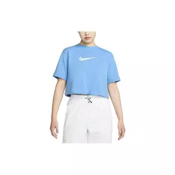 Nike Повседневный круглый вырез свитера с высокой талией укороченный шнурок строчка короткий рукав с заниженной линией плеча женская футболка синий DM6745-412 XL