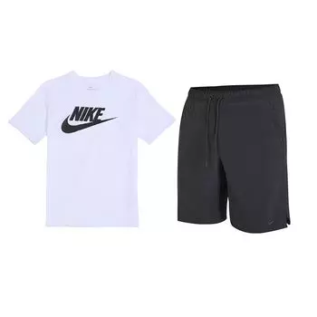 Nike Принт логотипа с круглым вырезом и коротким рукавом, однотонные шорты со шнурком и средней талией, повседневный спортивный комплект для мужчин AR5005-101+DV9331-010 M