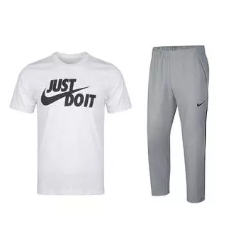 Nike Пуловер с круглым вырезом и короткими рукавами, однотонный, со средней талией, длинные брюки, повседневный спортивный комплект, мужские комплекты AR5007-100+DM6627-073 XL