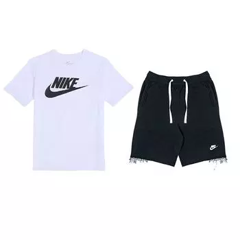 Nike Пуловер с круглым вырезом и логотипом, короткий рукав, завязка на талии, шорты средней посадки, повседневный спортивный комплект, мужские комплекты AR5005-101+DX0767-010 M