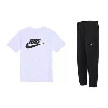 Nike Пуловер с круглым вырезом и принтом логотипа, короткий рукав, однотонные эластичные манжеты, длинные брюки, повседневный спортивный комплект, мужские комплекты AR5005-101+FQ4781-010 L