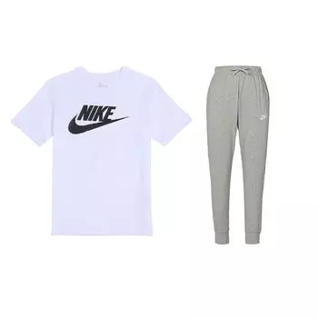 Nike Пуловер с круглым вырезом и принтом логотипа, короткий рукав, однотонный, свободный крой, длинные брюки со средней посадкой, повседневный спортивный комплект, мужские комплекты AR5005-101+BV2763-063 S