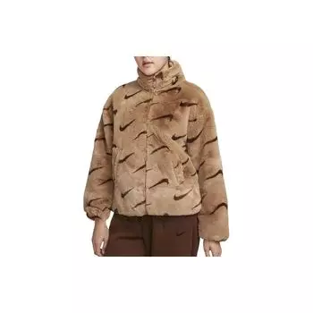 Nike с логотипом и воротником-стойкой, свободная теплая флисовая куртка, женская верхняя одежда, коричневый DQ6843-258 L