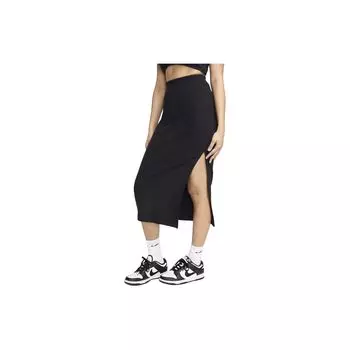 Nike Спортивная одежда Chill Knit Solid Color Slim Fit Ribbed Split Hem Casual Long Skirt Women bottoms Black FQ1637-010 M