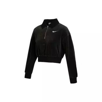 Nike Спортивная одежда Вельветовый короткий укороченный свитшот с длинными рукавами и застежкой-молнией на половину длины с вышитым логотипом Женские топы Черный DQ5939-010 XL