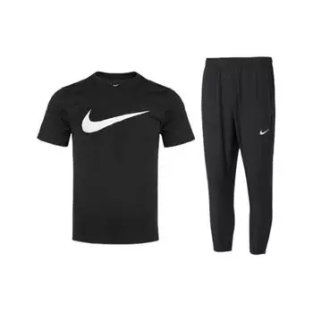 Nike Свободные дышащие брюки с круглым вырезом и коротким рукавом, быстросохнущие штаны, спортивный костюм для бега, мужской костюм, черный DC5095-010+FQ4781-010 S