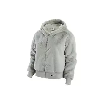 Nike Женская куртка из искусственного меха с капюшоном и принтом логотипа Sportswear Essentials Series, цвет серый, черный DV7064-014 S