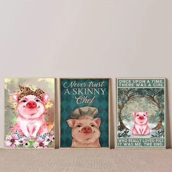 Никогда не доверяйте тощему шеф-повару. Плакаты и принты. Милая свинья в бандане. Картина на холсте. Девочка любит свинью. Настенная картина. Домашний декор. 21x30cm No Framed