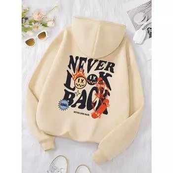 Никогда не оглядывайся назад Креативная улыбка Череп Толстовки женские Теплая удобная толстовка Свободная уличная одежда в стиле хип-хоп Свободная толстовка с капюшоном Толстовки и свитшоты женские S белый