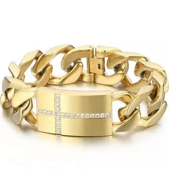 Никогда не выцветает золотой цвет, браслет из нержавеющей стали с крестом для мужчин, 20 мм, кубинская цепочка, мужские браслеты, вера, христианские подарки, ювелирные изделия 21.5CM серебряный