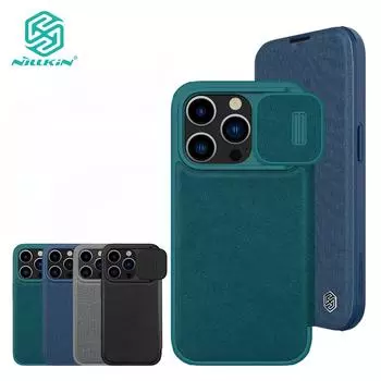 NILLKIN Чехол QIN Pro из простой кожи для iPhone 15 Pro Max, ударопрочный защитный чехол-слайдер для камеры с держателем для карт For iPhone 15 pro max синий