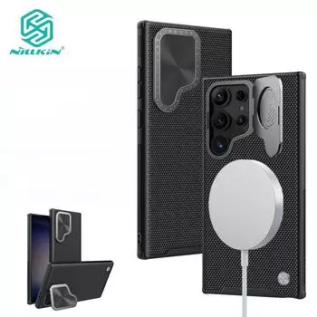 NILLKIN Нейлоновый текстурированный магнитный чехол для Samsung Galaxy S24 Ultra, чехол из волокна, откидной кронштейн для камеры, противоударная задняя крышка For Galaxy S24 Ultra чёрный