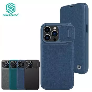 Nillkin QIN Pro простой чехол из искусственной кожи для iPhone 14 Pro раскладной чехол для телефона противоударный защитный чехол-слайдер для камеры с держателем для карт iPhone 14 Pro чёрный
