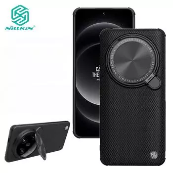 NILLKIN Текстурированный чехол для телефона для Xiaomi Mi 14 Ultra, чехол с оптоволокном для камеры, откидной кронштейн, противоударная задняя крышка For Xiaomi 14 Ultra чёрный
