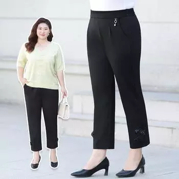 Nine-inch Straight-leg High-waisted Spring and Summer Middle-aged and Elderly Ice Silk Eight-inch Women s Pants XL чёрный