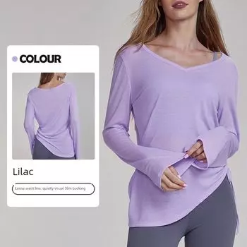 Ningbo Big Tree Yoga Cover up Long sleeve Hip Covering Women Pleat Drawstring T-shirt Loose Casual Autumn Fitness Yoga Clothes Clove purple M