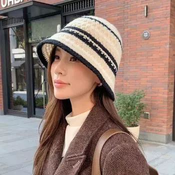 Ниша контрастные полосы драпировка ручной работы вязаная полая рыбацкая шапка дети милое лицо маленькое солнце M56-58cm