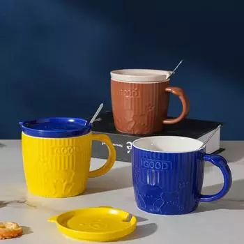 Ниша Простая керамическая чашка с изображением медведя из мультфильма с крышкой, ложкой, сувениром, кружкой, милой детской чашкой для воды 350ML