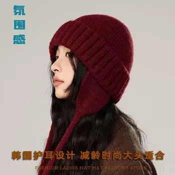 Ниша защита ушей веревка вязаная шапка зимняя для девочек иностранный стиль ретро толстая нить дыня меховая шапка мешок ухо шерстяная шапка M56-58cm чёрный