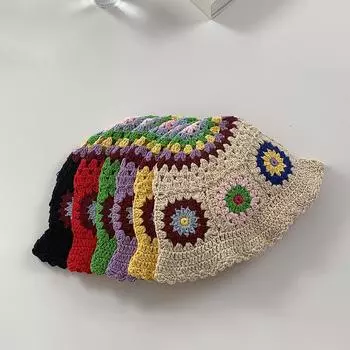 Нишевая цветная ретро шерстяная шапка ручной работы женская вязаная цветочная шапка-ведро контрастного цвета Hyunya feng shui bucket M56-58cm бежевый