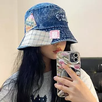 Нишевая дизайнерская джинсовая панама с наклейкой на пуговицу и буквами для женщин, летние солнцезащитные универсальные ретро-американские повседневные мужские кепки 56-58cm верблюд