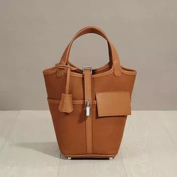 Нишевая Дизайнерская Корзина Для Овощей Из Вощеной Нити Холст Сращивание Полотняного Переплетения Натуральная Коровья Кожаная Карманная Сумка Ручка Для Переноски Женская Сумка-Ведро 18x13x17cm бездна