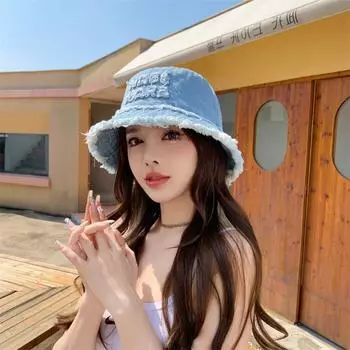Нишевая джинсовая шляпа-ведро ins пара уличная повседневная универсальная шляпа-тазик с буквами грубый край модный показ маленькое лицо M56-58cm