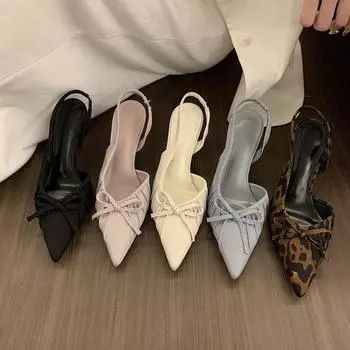 Нишевая французская леопардовая печать бант-мешок головные сандалии фея обувь 2025 темперамент светская львица шпильки 35 чёрный