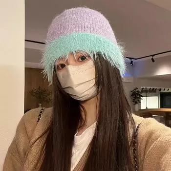 Нишевая индивидуальная плюшевая шапка-бини с цветовым соответствием, осенне-зимняя корейская шапка Dopamine с милым вязаным мехом для женщин 56-58cm
