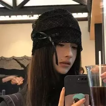 Нишевая литературная черная кружевная вязаная шапка для женщин, летняя повседневная универсальная с бантом, полая дышащая шапка-бини M56-58cm