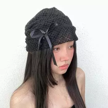 Нишевая литературная черная кружевная вязаная шапка для женщин, летняя повседневная универсальная модная шапка с бантом, дышащая, с полыми резинками 56-58cm чёрный