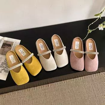 Нишевая литературная обувь со стразами на плоской подошве, туфли Мэри Джейн женские 2025 года в европейском стиле, ретро-стиль, одиночные туфли с сумкой на голову, полутапочки 35 жёлтый