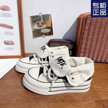 Нишевая парусиновая обувь на платформе женская обувь весна-осень 2025 новый модный дизайн повседневная обувь для досок с высоким верхом две пары обуви 35 чёрный