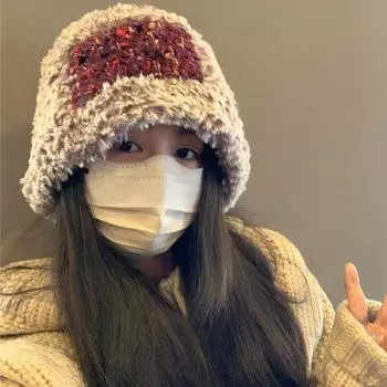 Нишевая плюшевая шерстяная шапка ручной работы крючком женская корейская нашивка панама ретро-лицо маленькая теплая шапка с ушками 54-58cm бордовый