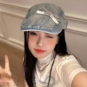 Нишевая потертая старая джинсовая шляпа с бантом вперед, милая, классная, весна-лето 2000 года, ретро-литературная и художественная шляпа художника M56—58cm