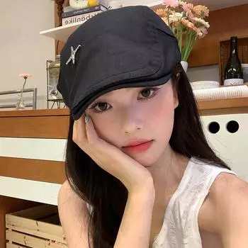 Нишевая ретро четырехугольная шляпа вперед женская летняя тонкая дышащая маленькая шапка-берет универсальная шляпа прилив M (56-58cm) hexagram forward чёрный