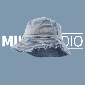 Нишевая ретро-шляпа-ведро из потертого денима, сломанный нищий ветер, старая шляпа-тазик, универсальная шляпа-ведро с изображением маленького лица M56-58cm