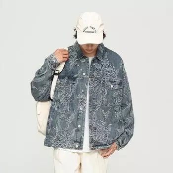 Нишевая высококачественная джинсовая куртка с цветочным принтом и полным принтом, мужская жаккардовая модная брендовая весенняя свободная куртка High Street Tooling для мужчин M синий