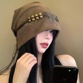 Нишевая высококачественная шапка с бахромой и бусинами, женская американская ретро-шляпа с большой окружностью головы, свободная шляпа One size ржавчина коричневого