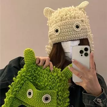 Нишевая забавная мультяшная милая вязаная шапка женская осенне-зимняя теплая шерстяная шапка-мешок универсальная защитная шапка-монстр M56-58cm зелёный