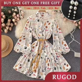 Нишевое платье Design Sense Новое милое и милое платье с повязкой на талии и принтом граффити Свободное среднее и длинное платье First Love