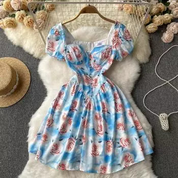 Нишевое платье с уникальной талией и тонким цветочным принтом, новое летнее женское платье с пышными рукавами 2022 г.