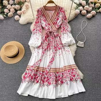 Нишевое популярное платье в этническом стиле на шнуровке на талии, женское летнее новое длинное платье с темпераментным женским принтом S белый
