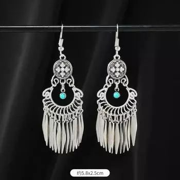 Нишевые бирюзовые серьги Богемные длинные серьги с бахромой Женские серьги в ретро-дизайне
