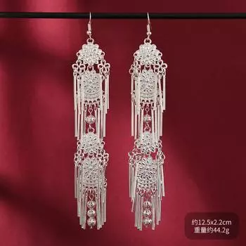 Нишевые двухслойные серьги из мьяоского серебра, ретро-бахрома, персонализированные длинные серьги, женские серьги средней длины.