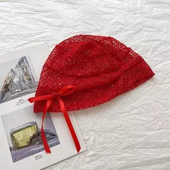 Нишевые литературные кружевные вязаные шапки для женщин, летние повседневные универсальные модные шапки с бантом, полые дышащие шапки-бини чёрный